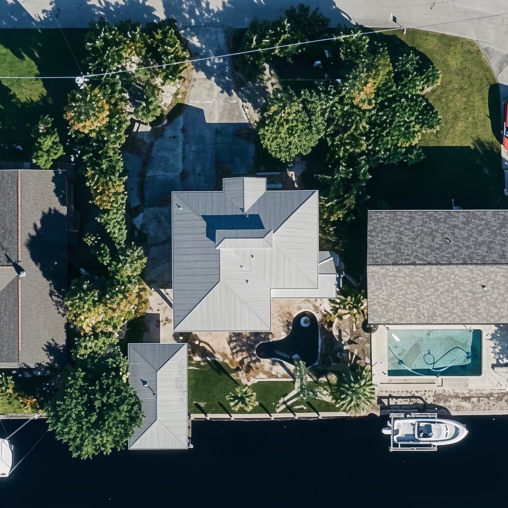 An aerial view of the house, with every gutter run traced