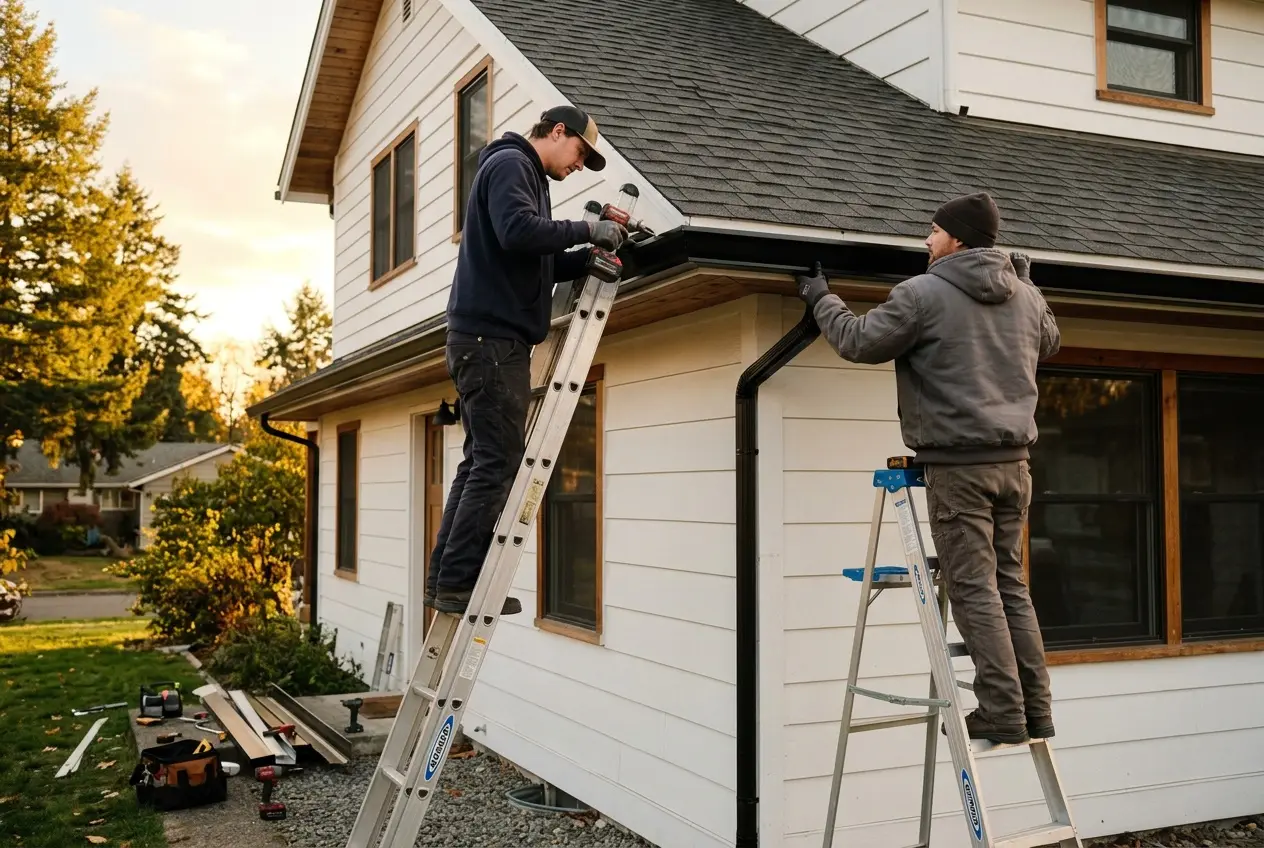Two installers mounting a new gutter on a house