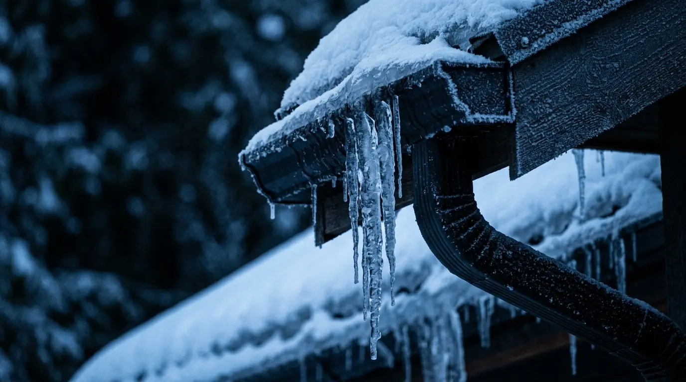 Icicles hanging from a black gutter in winter
