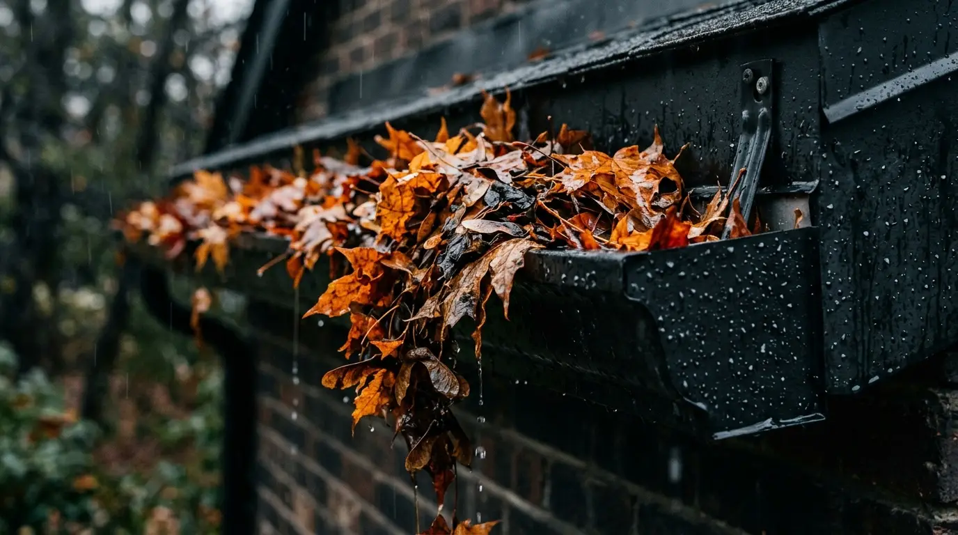 A gutter overflowing with wet autumn leaves