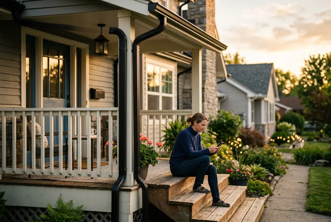 A homeowner reading on their phone on the front porch