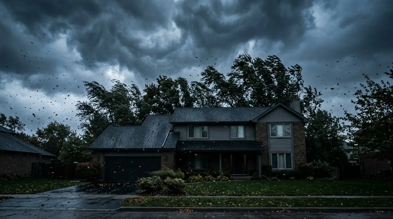 Storm clouds and wind-bent trees over a house